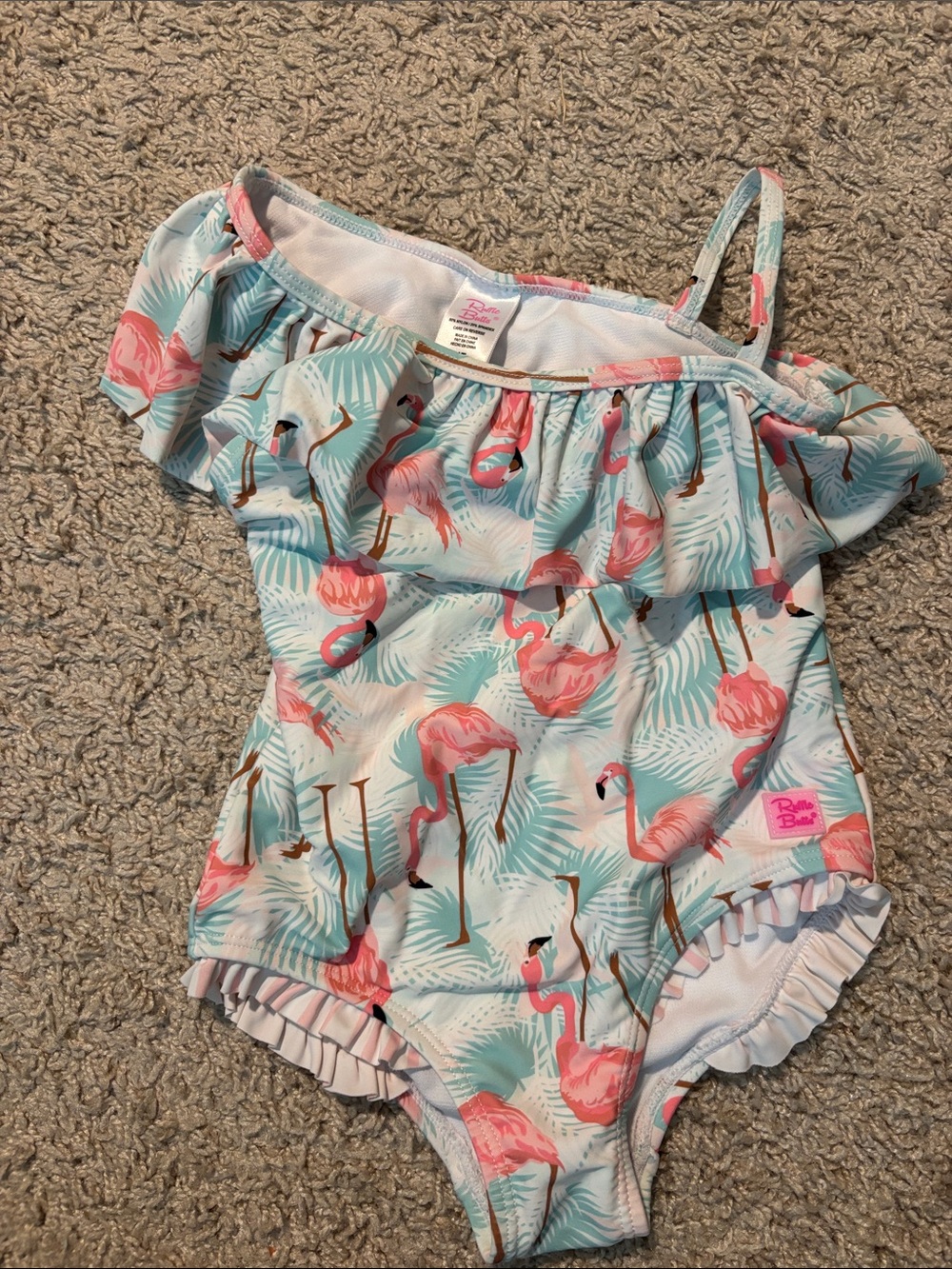 Ruffle Butts Pink Flamingo Print One-Piece Swimsuit - Light Blue & Pink